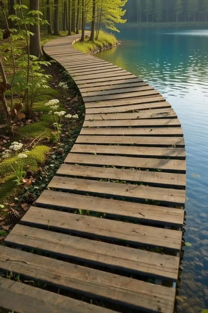 Un sentier de planches en bois serpente entre une forêt moussue et un lac aux eaux calmes et turquoise, offrant une perspective de progression sereine. Illustration de la métaphore du parcours vers l'épanouissement personnel.